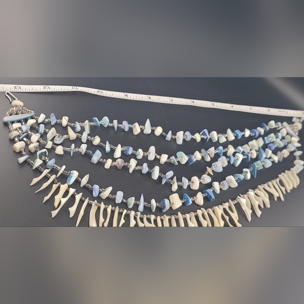 Vintage Japan Sea Shell Glass Bead Multi-Strand Bib Necklace Blue White - Picture 10 of 12
